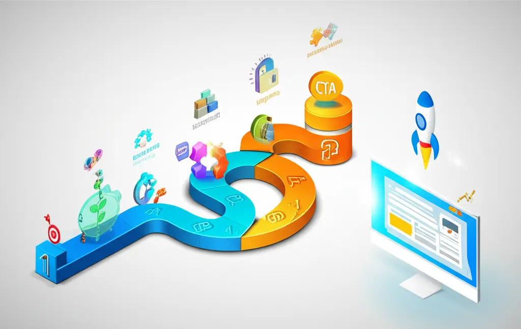 Guia passo a passo para a criação de uma landing page, mostrando etapas como planejamento e design.