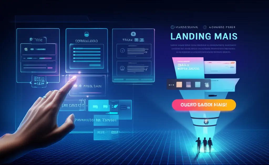 Ilustração do conceito de landing page e o logo do Elementor