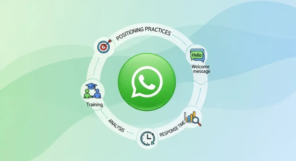 Checklist de boas práticas para o uso do botão do WhatsApp posicionamento, mensagem de boas-vindas, tempo de resposta, análise e treinamento.