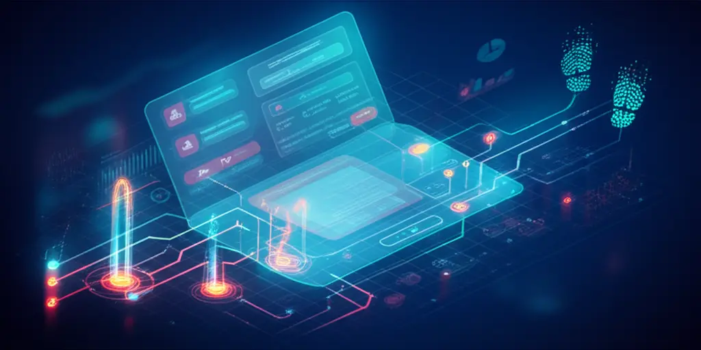 Ilustração de um painel de análise de eventos, mostrando cliques, envios de formulário e outras interações do usuário.