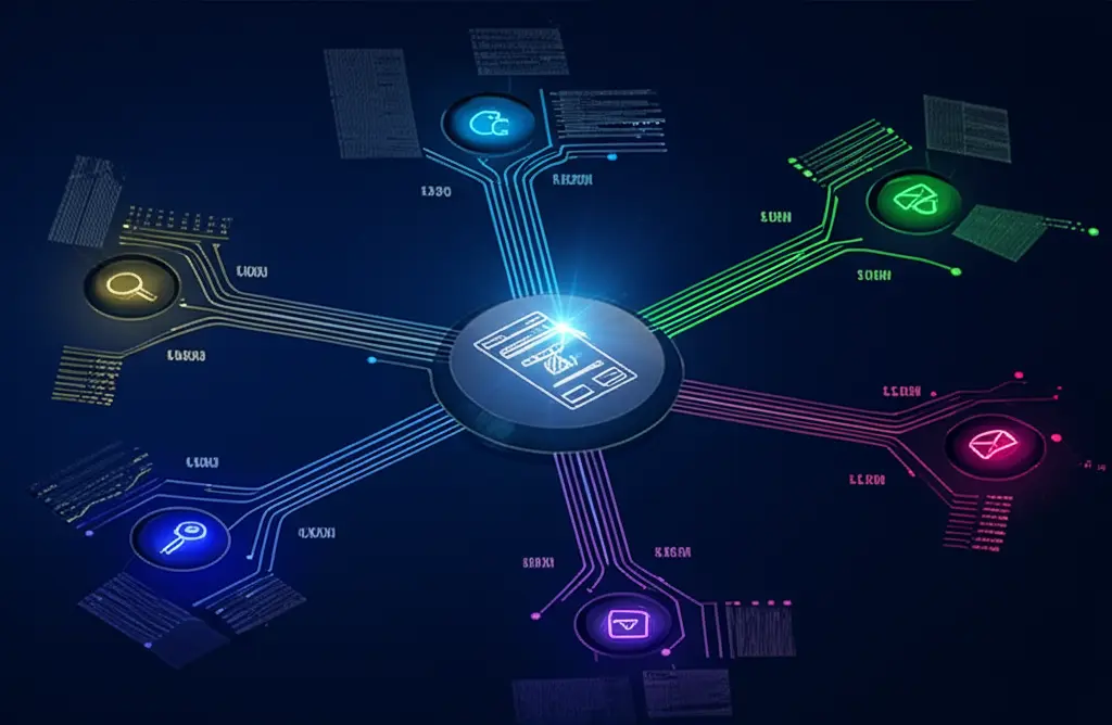Diagrama ilustrando as diferentes fontes de tráfego de um site, como busca orgânica, redes sociais e campanhas pagas.