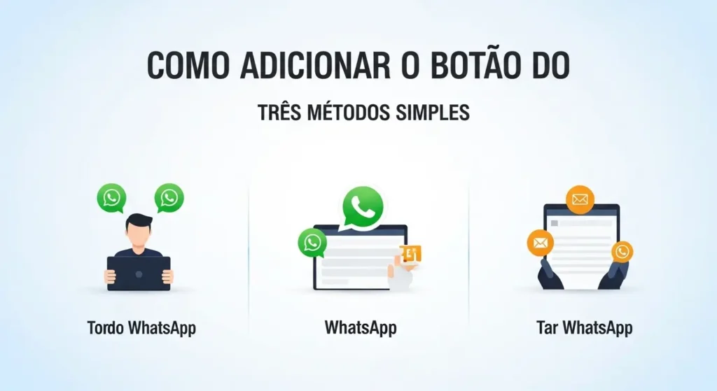 Infográfico mostrando os três métodos para adicionar o botão do WhatsApp código HTML, plugins do WordPress e ferramentas geradoras de widget.
